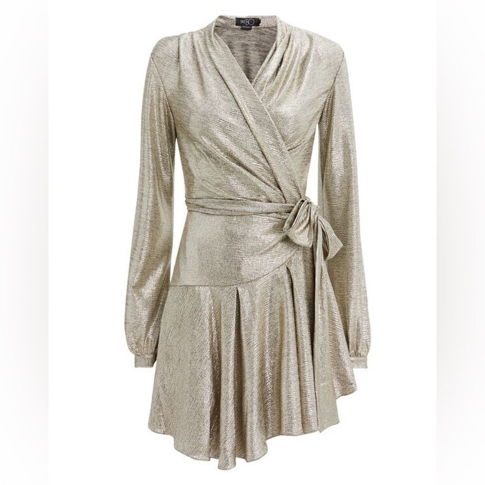 PatBo Metallic Cara Lame Wrap Mini Dress. Gold/Silver. Size XS.
